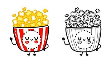 Funny cute happy Popcorn characters bundle set. hand drawn cartoon kawaii character illustration icon. Cute Popcorn. Outline cartoon illustration for coloring book vector