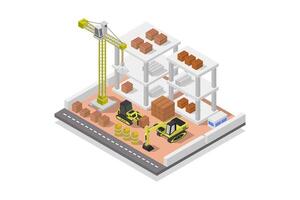 isométrica edificio debajo construcción en blanco antecedentes vector