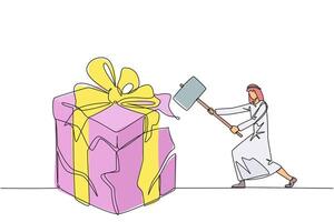 Continuous one line drawing Arabian businessman preparing to hit big gift box. Businessman expresses disappointment. Destroying everything in sight. Angry. Single line draw design illustration vector