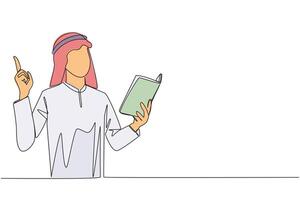 Continuous one line drawing Arab man standing reading book. Gesture gets idea. Book can see from different points of view. Brilliant idea from reading book. Single line draw design illustration vector