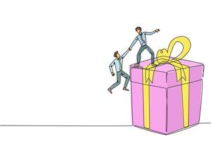 Continuous one line drawing businessman helps colleague climb big gift box. Integrated teamwork to reach the highest level for rewards. Helping each other. Single line draw design illustration vector