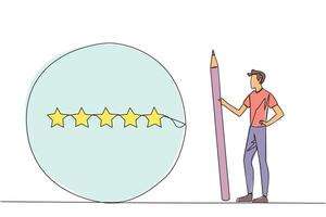 Single continuous line drawing happy man stands holding a large pencil and next to is a large circle encircling all 5 stars. Five star rating positive feedback. One line design illustration vector