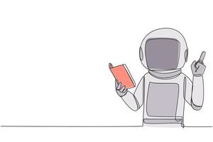 Single continuous line drawing astronaut standing reading book. Gesture gets idea. Book can see from different points of view. Brilliant idea from reading book. One line design illustration vector