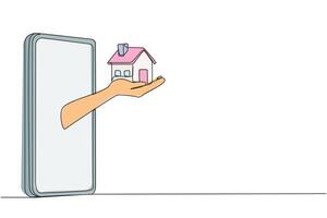 Single continuous line drawing hands come out from middle of smartphone holding a miniature house. Getting best asset in the form of a house from business result. One line design illustration vector