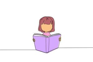 soltero continuo línea dibujo niña sentado leyendo un libro en un pararse. entusiasmo ese Nunca va lejos. muy contento cuando leyendo historia libros. libro festival concepto. uno línea diseño ilustración vector