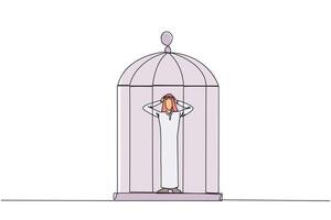 Continuous one line drawing Arab businessman trapped in cage standing frustrated holding head. Anxiety caused cannot move freely. Imprisoned. Can't work. Single line draw design illustration vector