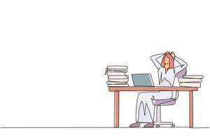 Single continuous line drawing Arab businessman sitting on office chair. Stressful to see stock price on a laptop screen that don't increase. Stressful businessman. One line design illustration vector