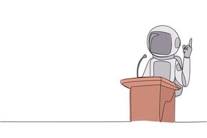 Single continuous line drawing young astronaut speaking at the podium while giving gesture of lifting one finger up. Inspirational speech. Conference stage. Orator. One line design illustration vector