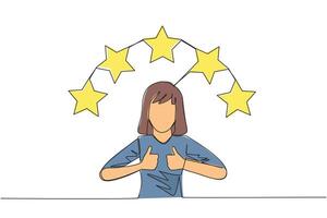 Single one line drawing woman giving two thumbs up, above head there are 5 stars forming semicircle. Exciting online shopping experience. Review 5 star. Continuous line design graphic illustration vector