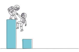 Single continuous line drawing young astronaut helps colleague climb big bar graph. Helps to climb to higher ground. Move forward and success together. Teamwork. One line design illustration vector