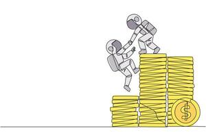 Continuous one line drawing astronaut helps colleague climb a pile of coins. Metaphor help achieve financial targets before entering retirement. Teamwork. Single line draw design illustration vector