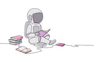 soltero continuo línea dibujo astronauta sentado relajarse en biblioteca leyendo lote de libros. mirando para respuestas a asignaciones pasatiempo lectura. libro festival concepto. uno línea diseño ilustración vector