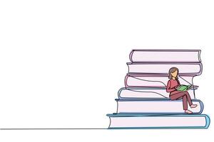 Single continuous line drawing happy woman sitting on a pile of books reading a book. High interest in reading. Opening horizons of thinking. Book festival concept. One line design illustration vector