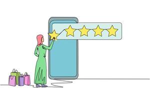 Continuous one line drawing Arabian woman standing facing big smartphone trying to stick one star, that it becomes 5 stars. Reviews given to online stores. Single line draw design illustration vector