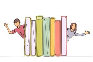 Continuous one line drawing man woman appears from behind a row of books. Invitation to read books at the library. Like to reading a book. Book festival concept. Single line draw illustration vector