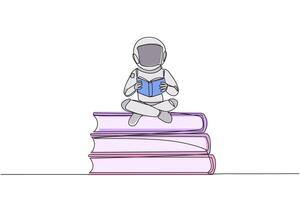 Single one line drawing astronaut sitting cross-legged on pile of large books. Read comic. Read textbook. Read scientific journal. Read increase insight. Continuous line design graphic illustration vector