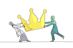 Continuous one line drawing two angry Arabian businesswoman fighting over the crown. Fighting for become the most successful and respected businessman. Conflict. Single line draw illustration vector