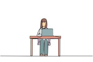 Continuous one line drawing businesswoman sitting and typing on laptop computer. Prepare important data to presenting in front of new investors. Hectic. Single line draw design illustration vector