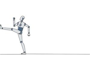 Single continuous line drawing robot doing kicking motion. Stretch before office hours start. A healthy way to stay focused on doing business. Disciplined. AI tech. One line design illustration vector