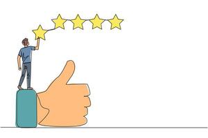 Single continuous line drawing young happy the man standing on the thumbs up wants to attach the stars to form 5 stars in a row. Give review or good feedback. One line design illustration vector