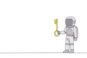 Continuous one line drawing astronaut holding key. Important key to increasing profit has been secured. Ready to become important inheritance for relatives. Single line draw design illustration vector