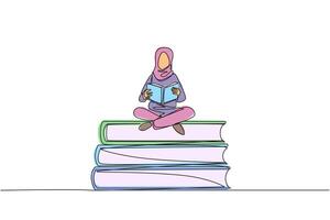 Single one line drawing Arab woman sitting cross-legged on pile of large books. Read comic. Read textbook. Read scientific journal. Read increase insight. Continuous line design graphic illustration vector