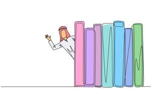 Single one line drawing Arabian man appears from behind a row of books. Invitation to read the books at the library. Like to reading a book. Book festival concept. Continuous line graphic illustration vector