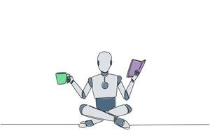 Single one line drawing smart robot sitting cross-legged reading book. Accompanied by mug of coffee to make reading more interesting. Knowledge. Calmness. Continuous line design graphic illustration vector