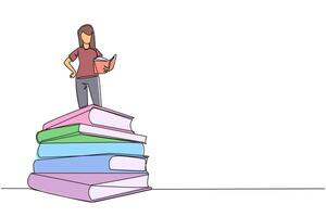 Continuous one line drawing woman standing on pile of books reading fiction story book. Intrigued by book series. Read anywhere to finish reading. Reading. Single line draw design illustration vector