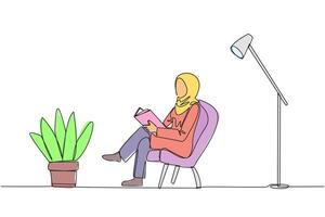 Single one line drawing Arabian woman sitting reading in room with the reading lamp. Spending holidays increasing knowledge by reading books. Love reading. Continuous line design graphic illustration vector