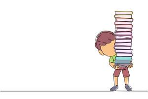 Single continuous line drawing boy carrying a tall stack of books covering himself. Newly purchased book from a bookstore. Read books one by one at home. Love read. One line design illustration vector