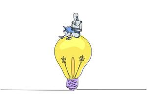 Single continuous line drawing robot sitting on big lightbulb. Read with focus and serious. Metaphor looking for brilliant idea from scientific book. Book festival. One line design illustration vector