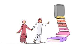 Single one line drawing Arab man woman climb stairs from the book stack. Towards the wide open door. Metaphor of finding answers from books. Book festival. Continuous line design graphic illustration vector