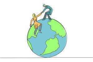 Single continuous line drawing Arabian businesswoman helps colleague climb big globe. Metaphor of reaching top of the world through increasing business. Teamwork. One line design illustration vector