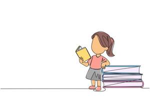 continuo uno línea dibujo niña en pie leyendo un libro mientras propensión en contra un pila de grande libros. pasatiempo de leyendo en cualquier lugar. muy contento cuando lectura. soltero línea dibujar diseño ilustración vector