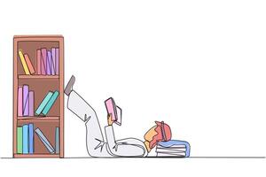 Continuous one line drawing Arab man lying on back reading fiction story book near bookcase. Read slowly to enjoy the storyline. Hobby reading. Very good habit. Single line design illustration vector