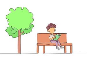 Continuous one line drawing boy sitting on school park bench reading book. Learn by rereading textbook. Read to get maximum marks. Reading increase insight. Single line draw design illustration vector