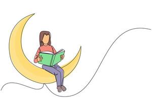 Single one line drawing woman sitting on crescent moon reading a book. Metaphor of reading a fairy story before sleeping. Read until late. Love reading. Continuous line design graphic illustration vector