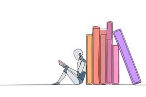 Single continuous line drawing robot reading sitting leaning against pile of books. Habit of reading book every day. Library. Good habit. Book festival concept. One line design illustration vector