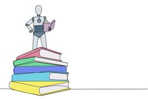 Single continuous line drawing smart robotic standing on a pile of books reading the fiction story book. Intrigued by book series. Read anywhere to finish reading. One line design illustration vector