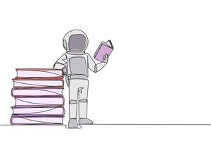 Single continuous line drawing astronaut standing reading book while leaning against a pile of large books. Hobby of reading anywhere. Very happy when reading. One line design illustration vector