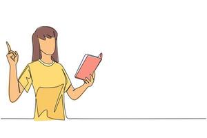 Single continuous line drawing woman standing reading a book. Gesture gets the idea. Books can see from different points of view. Brilliant idea from reading book. One line design illustration vector