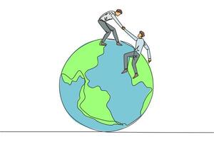 Single one line drawing businessman helps colleague climb the big globe. The metaphor of reaching top of the world through increasing business. Teamwork. Continuous line design graphic illustration vector