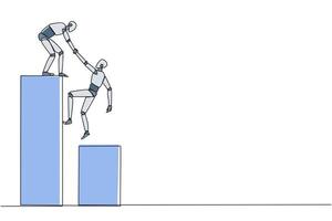 Single one line drawing smart robotic helps colleague climb the big bar graph. Helps to climb to higher ground. Move forward and success together. Teamwork. Continuous line design graphic illustration vector