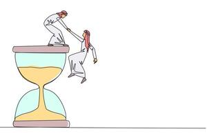 Single continuous line drawing Arabian businessman helps colleague climb hourglass. Have many assignment deadlines. Sharing with colleagues will become easier. One line design illustration vector