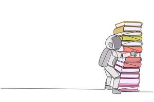 Single one line drawing young astronaut hugging very high pile of books. Hobby to collecting and reading books. Filling free time with useful things. Read. Continuous line design graphic illustration vector