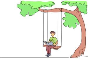 Continuous one line drawing man sitting on a swing under a shady tree reading a book. High enthusiasm for reading. Read anywhere. Reading increases insight. Single line draw design illustration vector