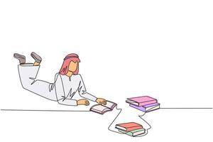 Continuous one line drawing Arabian man really likes reading. Everyday one book is read. Good habit. There is no day without reading book. Book festival concept. Single line design illustration vector