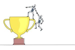 Single one line drawing smart robotic helps colleague climb the big trophy. Achievement that cannot be achieved without great teamwork. Smart teamwork. Continuous line design graphic illustration vector