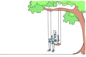 Continuous one line drawing robot sitting on a swing attached to a tree reading a book. Really enjoyed the storyline of the fiction book. Book festival. Single line draw design illustration vector